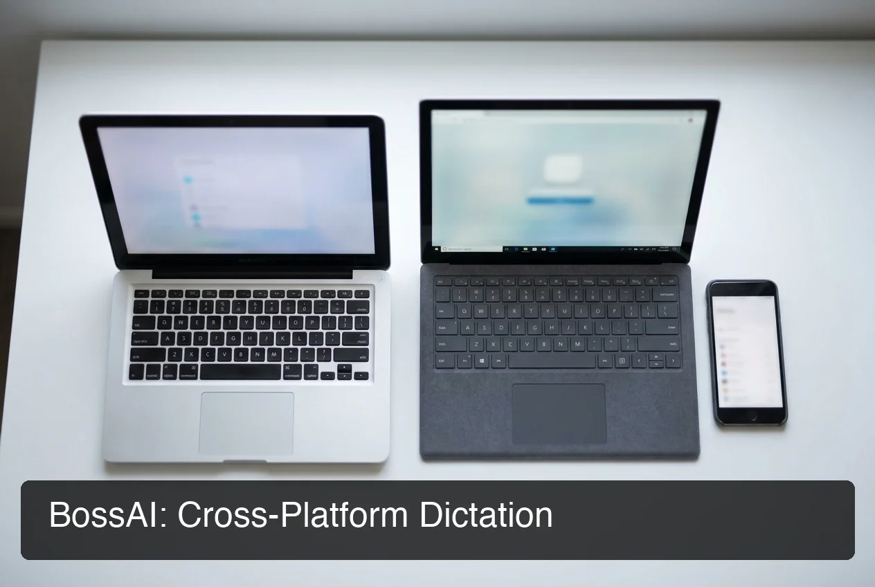 BossAI cross-platform support showing iOS Mac and Windows coverage as an aquavoice alternative