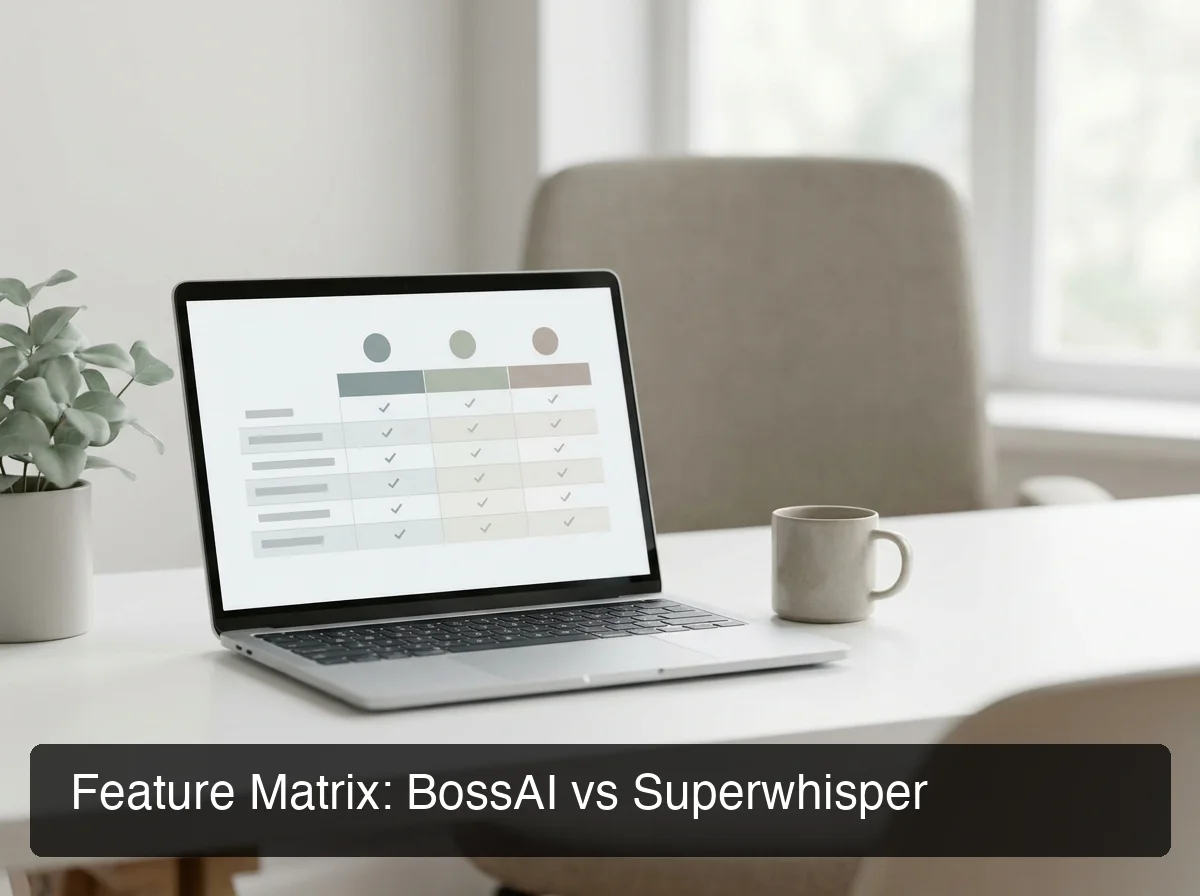 BossAI vs Superwhisper feature matrix comparing key capabilities