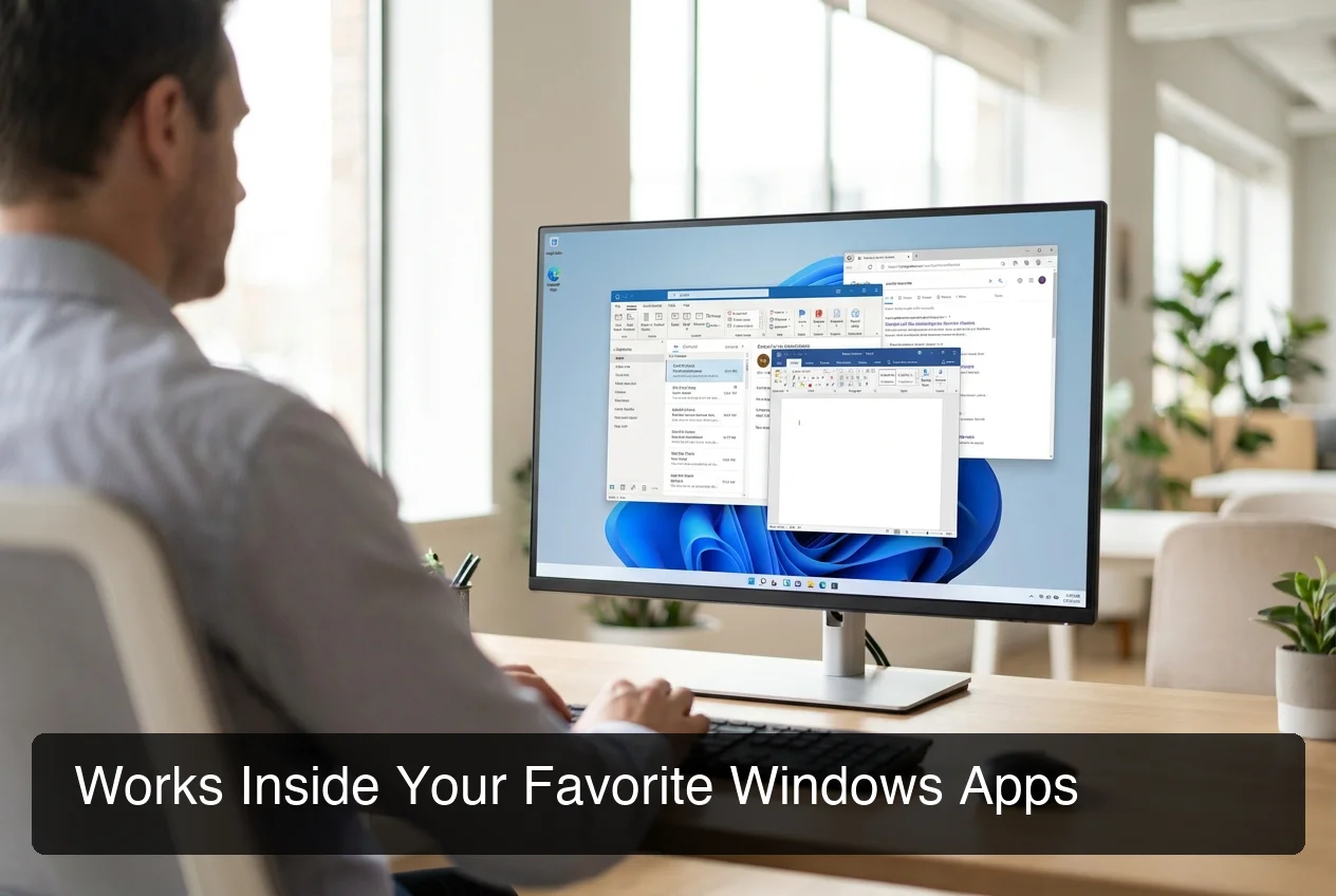 BossAI bossai windows app integration showing cross-app dictation in Outlook, Word, Chrome, and Slack