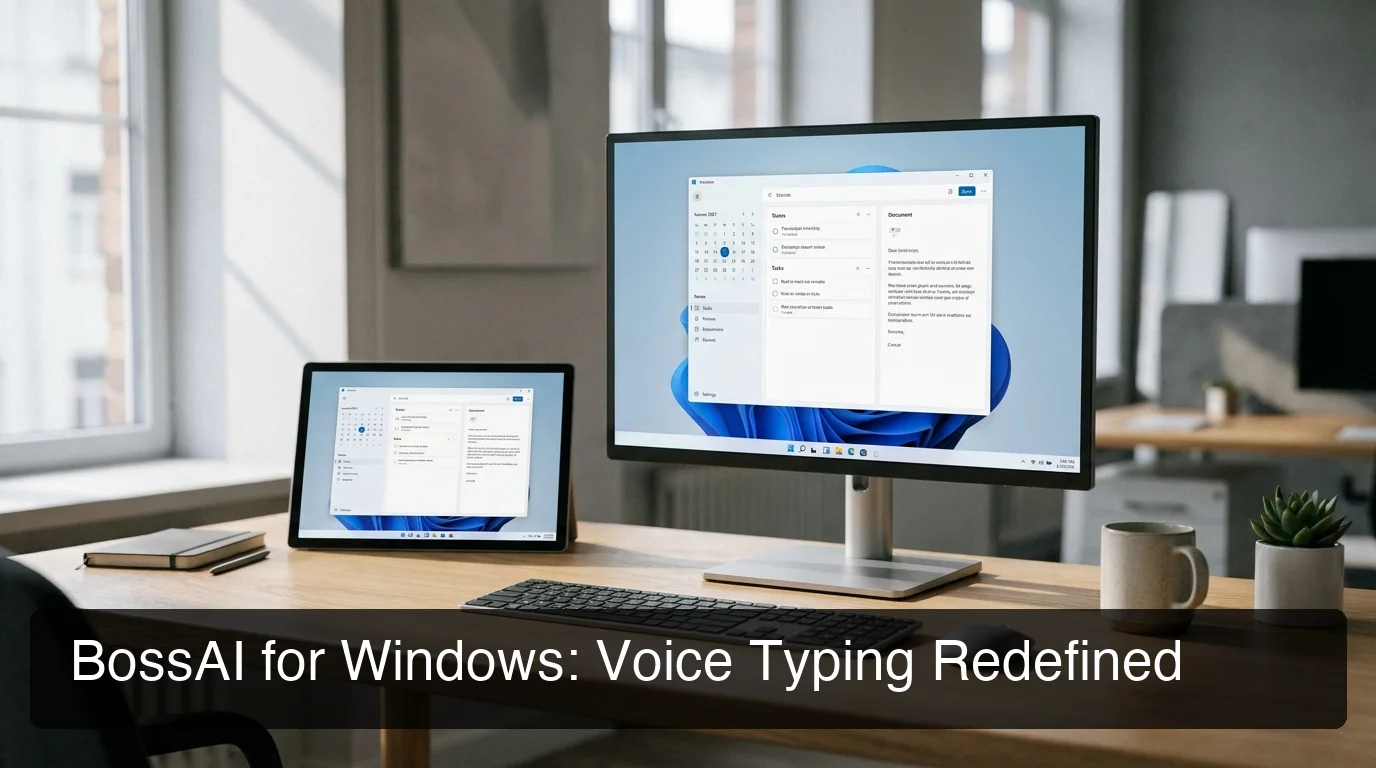 BossAI for Windows AI voice typing app running as a system tray application on desktop