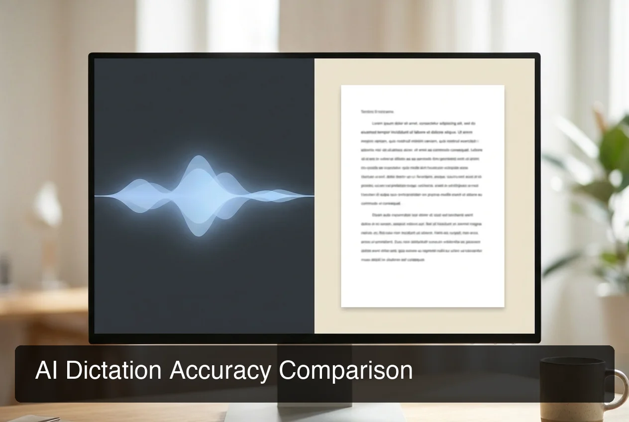 AI dictation accuracy comparison showing voice waveform and clean transcribed text