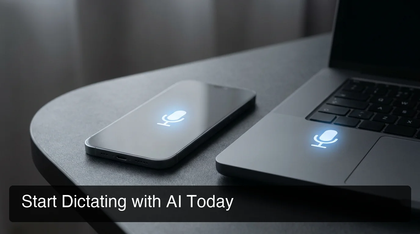 Start dictating with AI today — smartphone and laptop with voice input icons