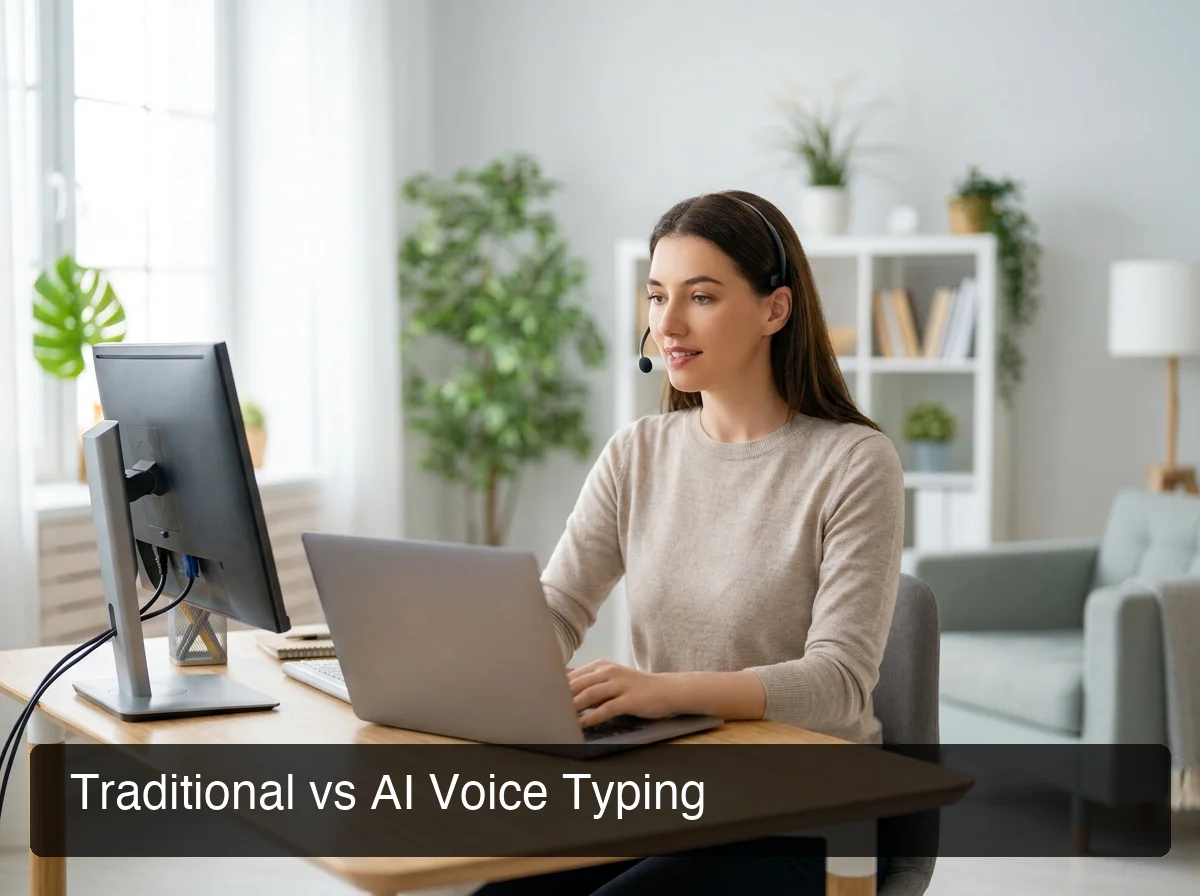 Traditional vs AI voice typing — professional using microphone headset at desk