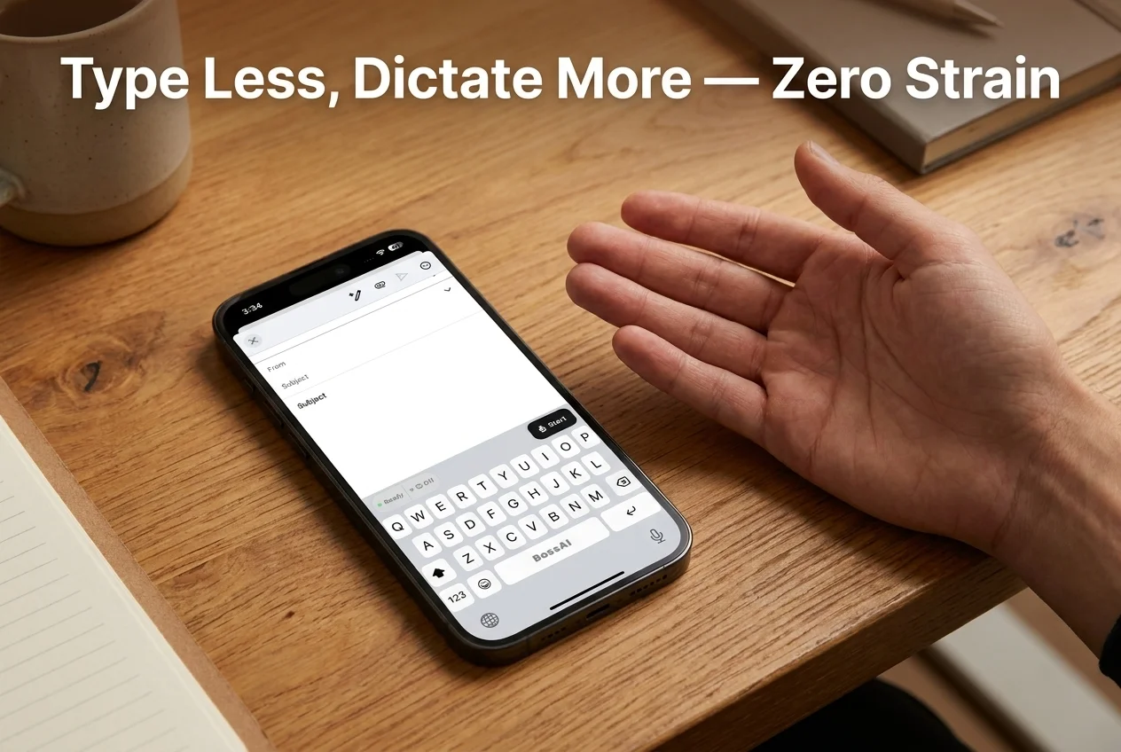 BossAI keyboard active for voice dictation on a smartphone, with a hand resting open beside it instead of typing