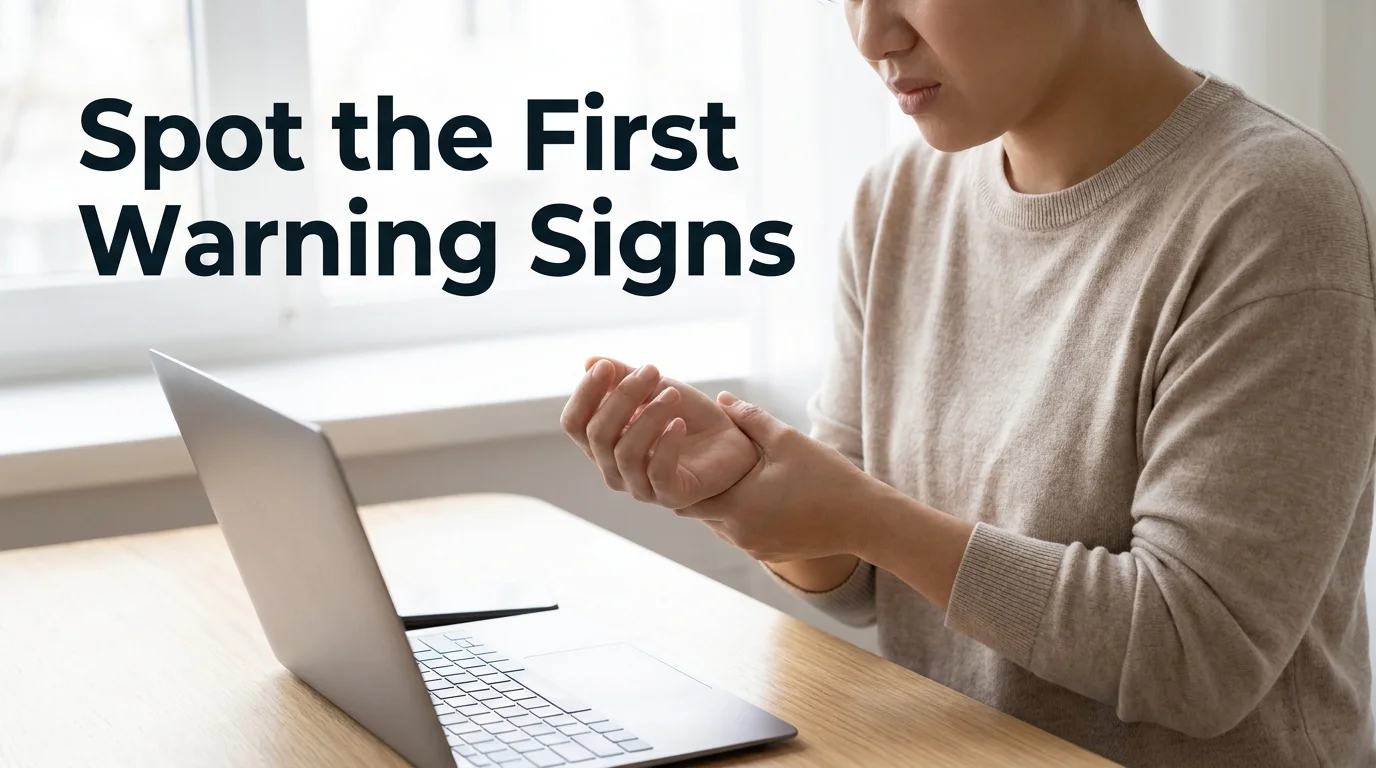 Person at a laptop rubbing their wrist, showing early discomfort from typing