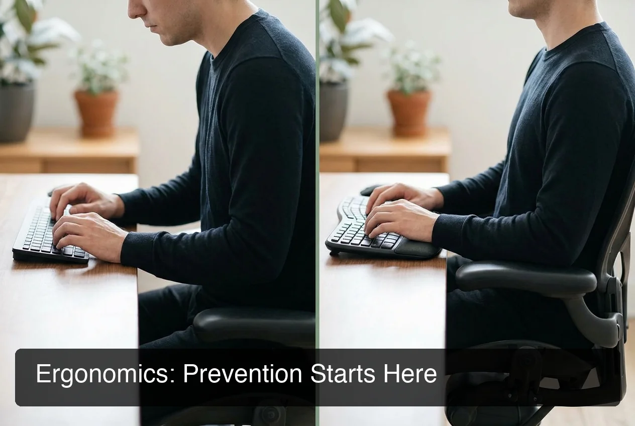 Preventing carpal tunnel while typing — comparison of poor wrist extension versus correct neutral posture at keyboard