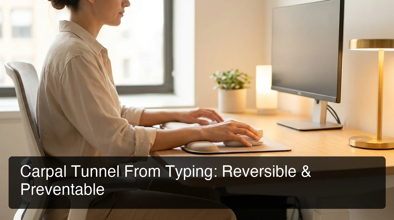BossAI guide to carpal tunnel from typing — person with wrist support at ergonomic desk setup, neutral position