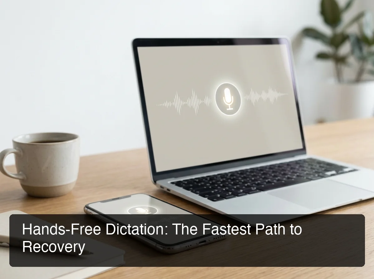 BossAI hands-free voice dictation for carpal tunnel syndrome — smartphone and laptop showing active transcription interface