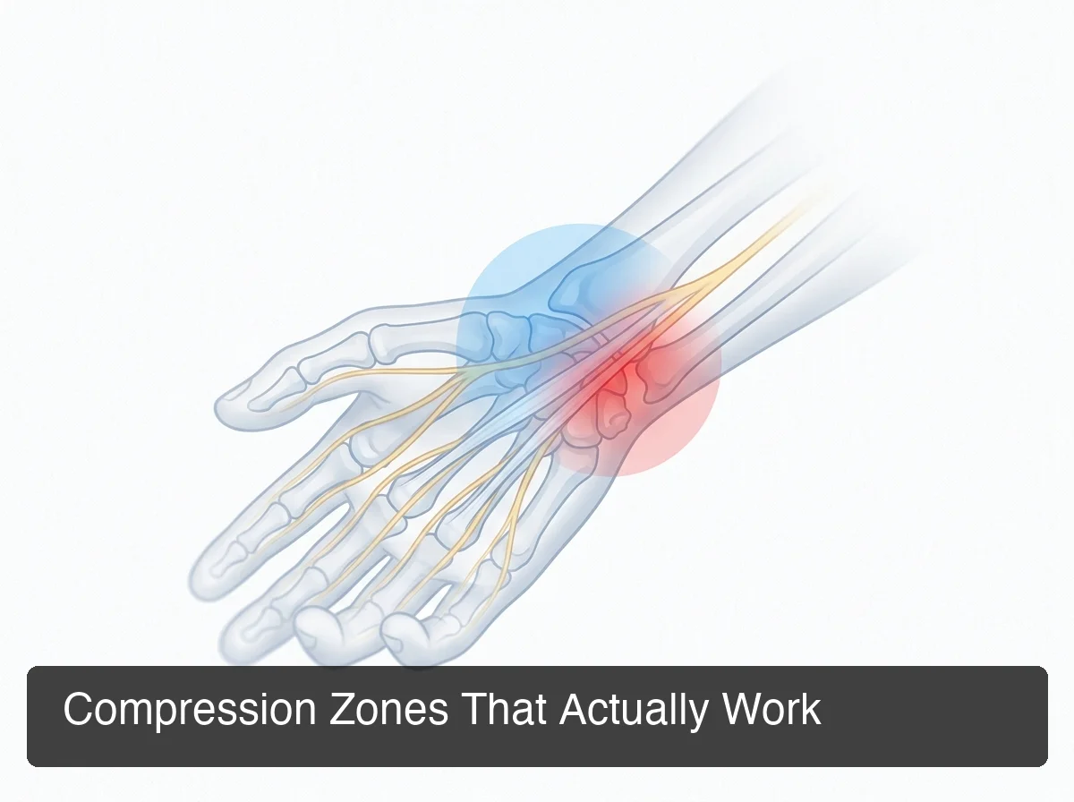 BossAI carpal tunnel compression zones diagram showing wrist support mechanics and pressure application