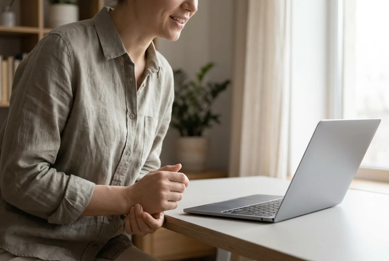 Person dictating hands-free on laptop with relaxed posture, natural daylight setting, candid composition