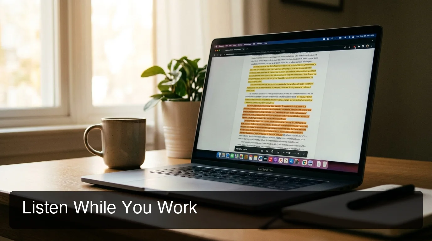 text to speech chrome extension reading a web article with speed controls visible on laptop