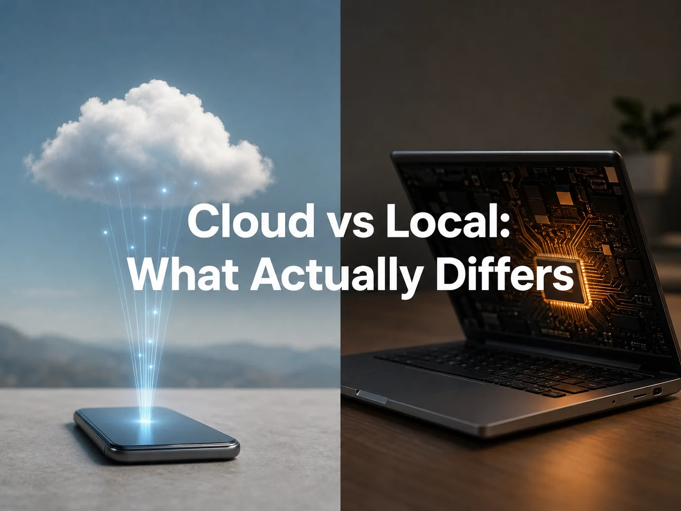 Split concept image contrasting cloud-based dictation processing with local processing on a laptop