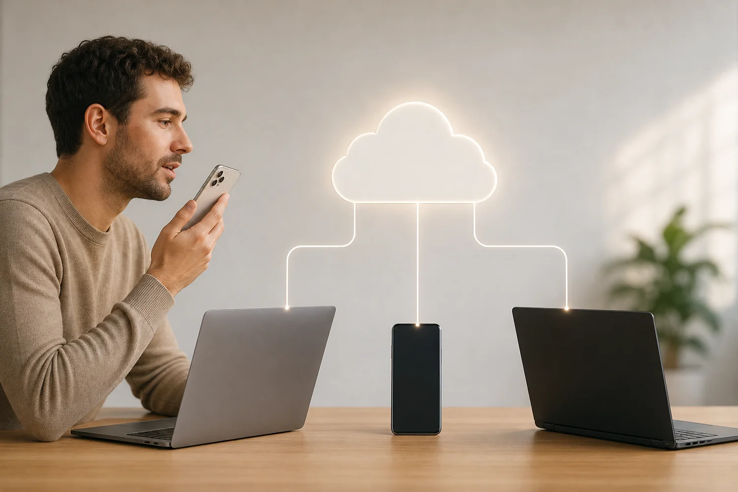 Person dictating into a phone with cloud connections to laptops, showing cloud based dictation across devices with BossAI