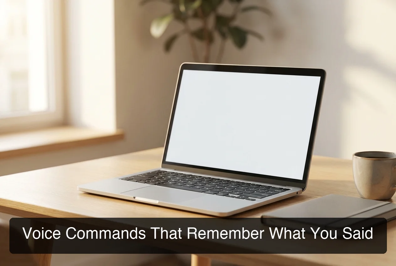 Professional setup with laptop showing voice command interface and conversation history for Windows dictation
