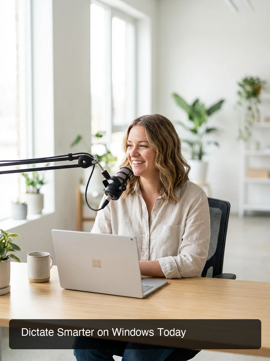 User smiling while dictating on Windows device using BossAI for context-aware voice typing