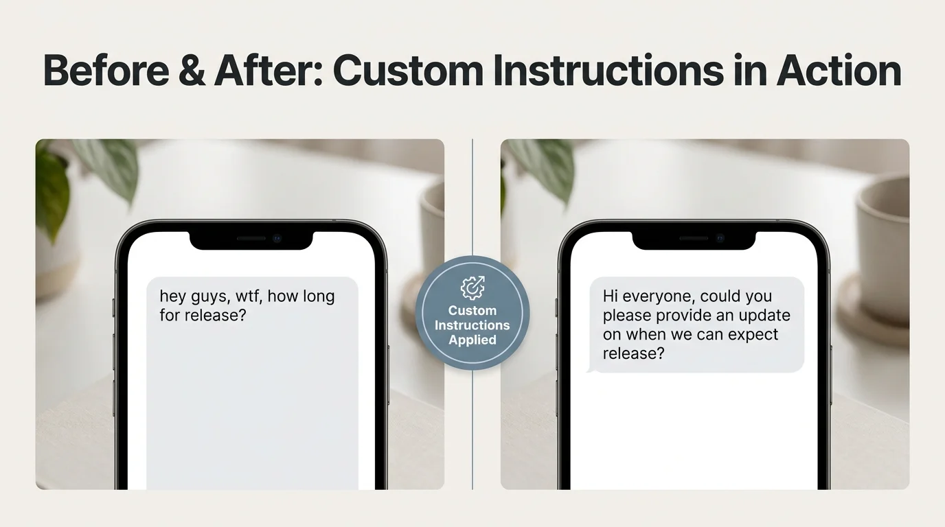 custom dictation settings before and after example showing raw dictation cleaned up automatically by BossAI