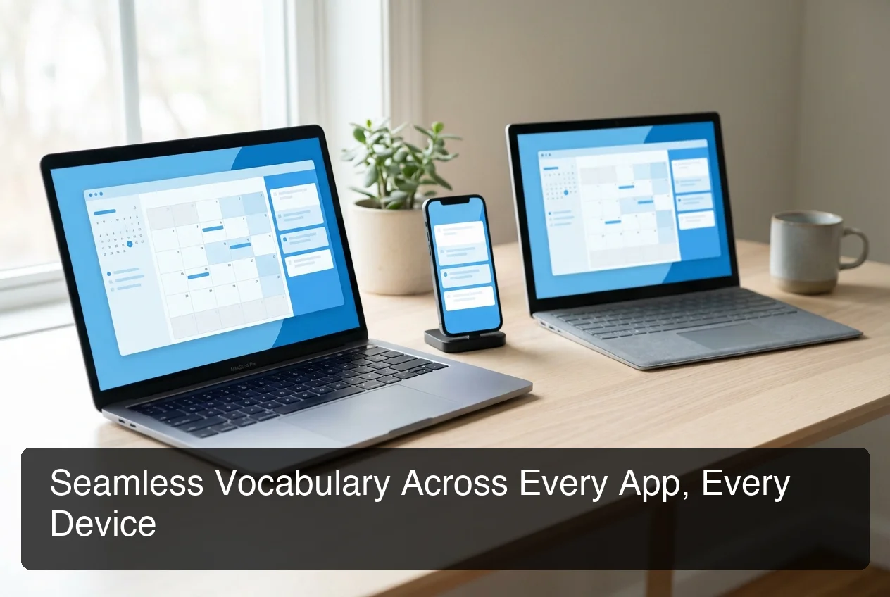Multiple devices (iOS, Mac, Windows) arranged on a desk showing synchronized interface elements, clean minimalist setup, clear device separation visible, no text or personal data visible