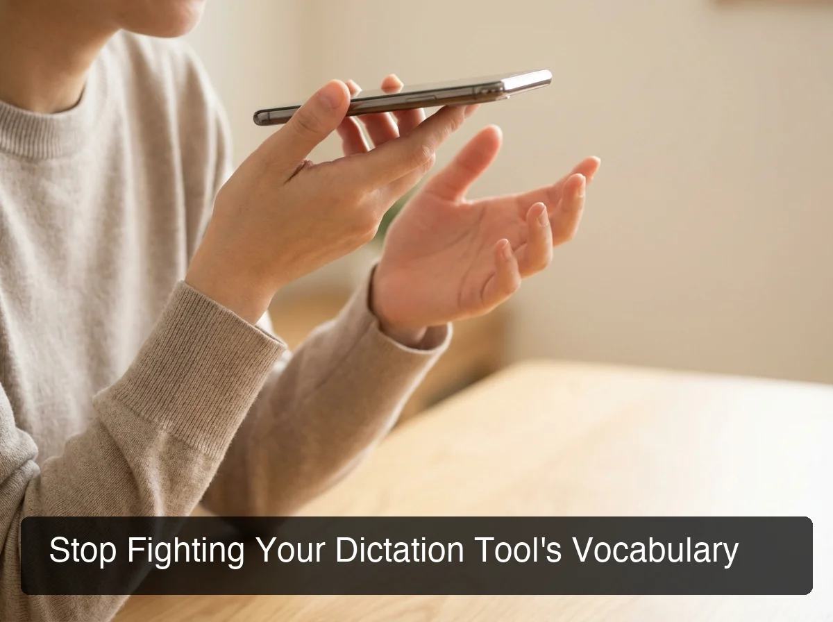 Person speaking into a smartphone microphone, captured mid-gesture, face not visible, clean background, warm lighting, suggests active voice input and natural speech flow