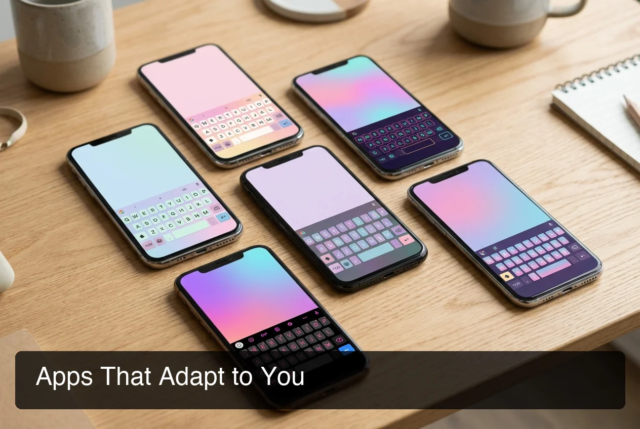 Montage of custom keyboard app features showing swipe typing AI suggestions and voice input options