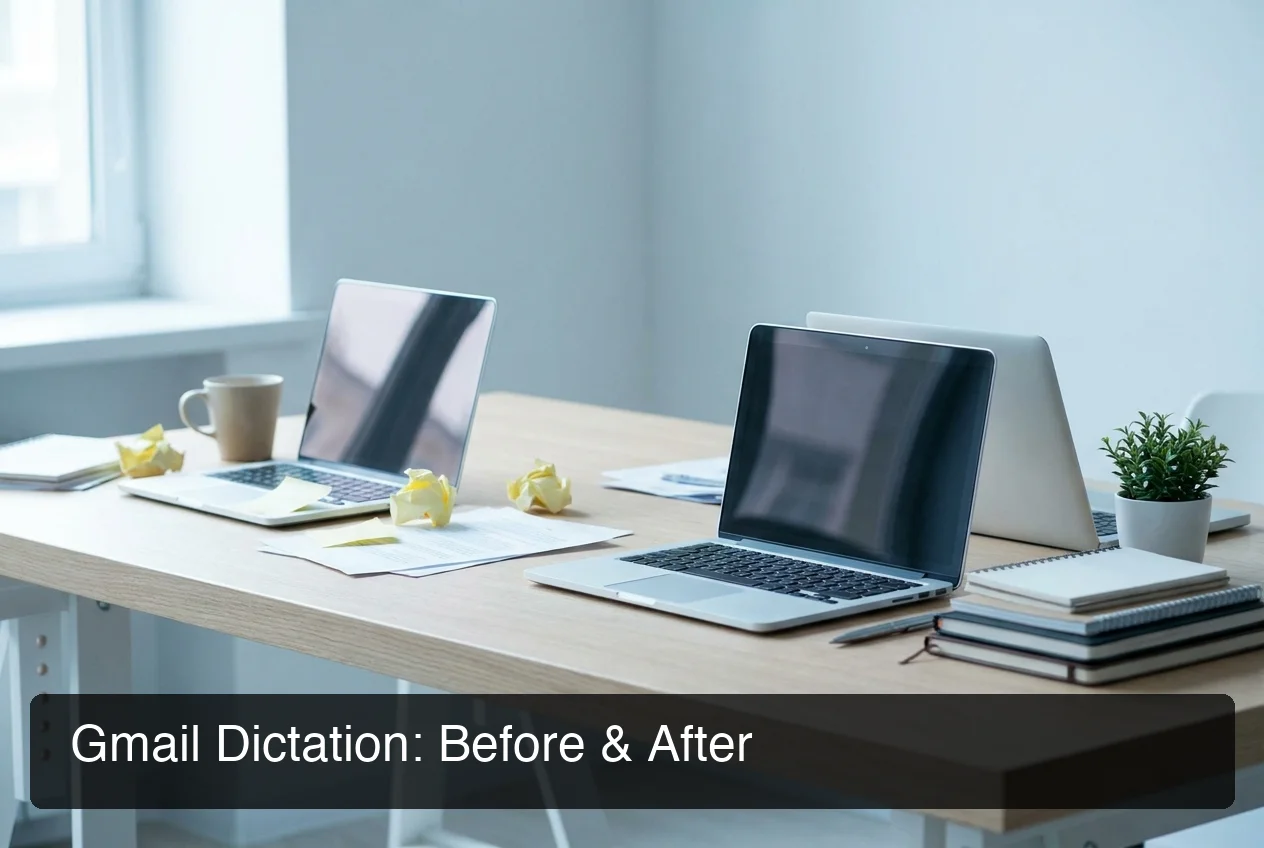 BossAI gmail dictation setup — two laptops side by side on desk, one with messy correction marks, one with clean organized draft, high contrast editorial look