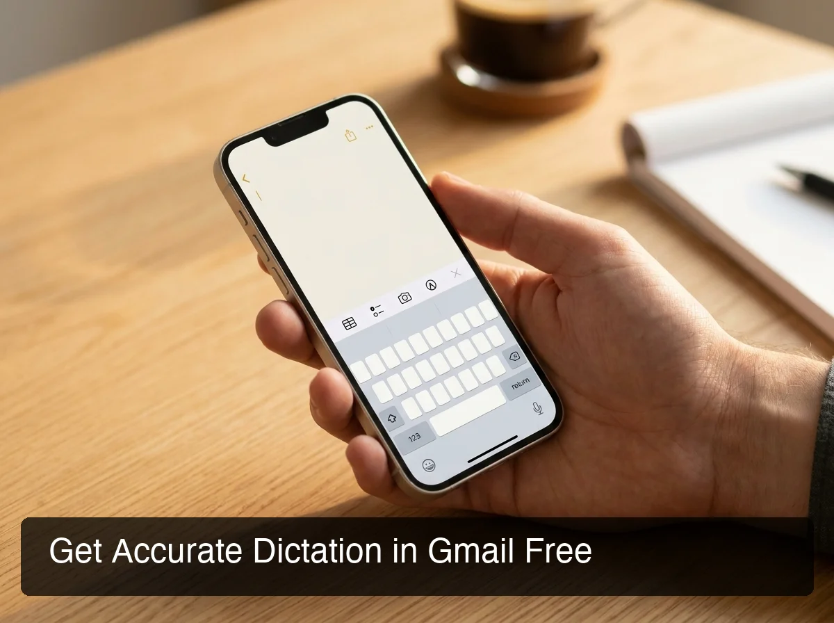 BossAI gmail voice typing — iPhone with BossAI keyboard active in Gmail compose, warm golden office lighting, professional setting