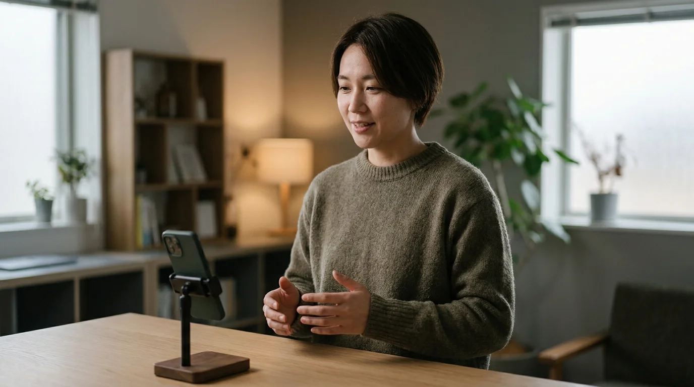 BossAI voice to text gmail — person speaking naturally into smartphone at desk, hands-free workflow, ambient indoor lighting, candid feel