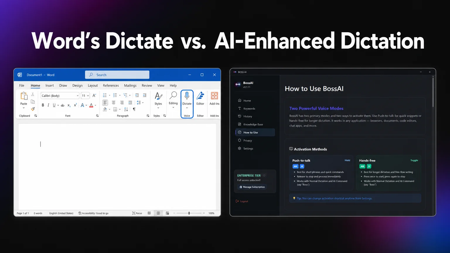 BossAI push-to-talk activation next to Word's native Dictate ribbon button for voice dictation in word