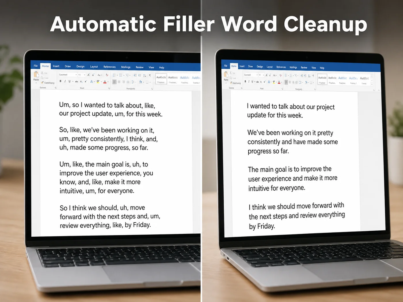 Before and after view of ai dictation microsoft word filler-word cleanup on a split screen