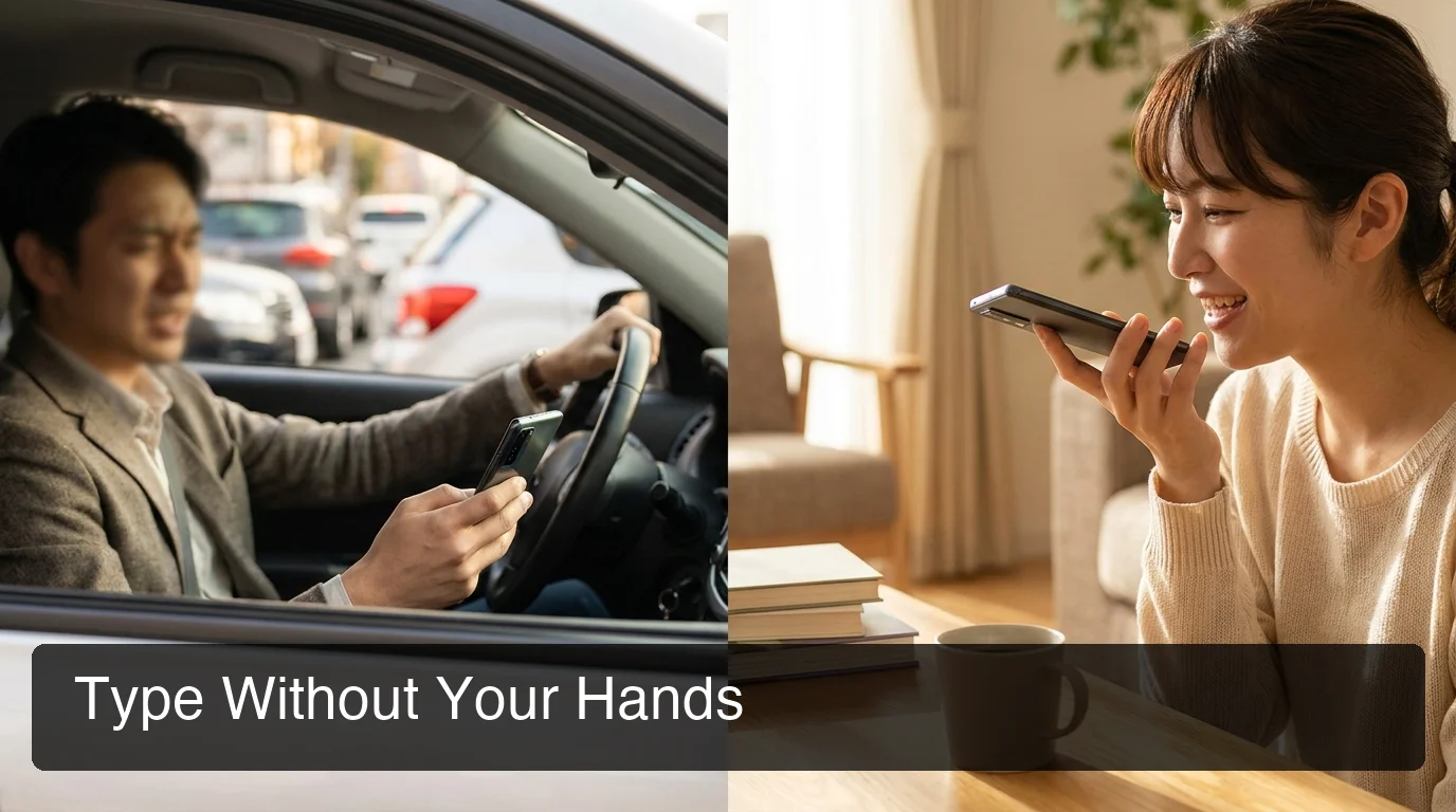 BossAI voice typing android hands-free commute scenario showing person dictating message while on the go