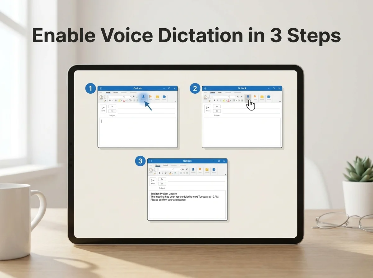 How to dictate in Outlook in three steps: click Dictate, speak, and the draft appears