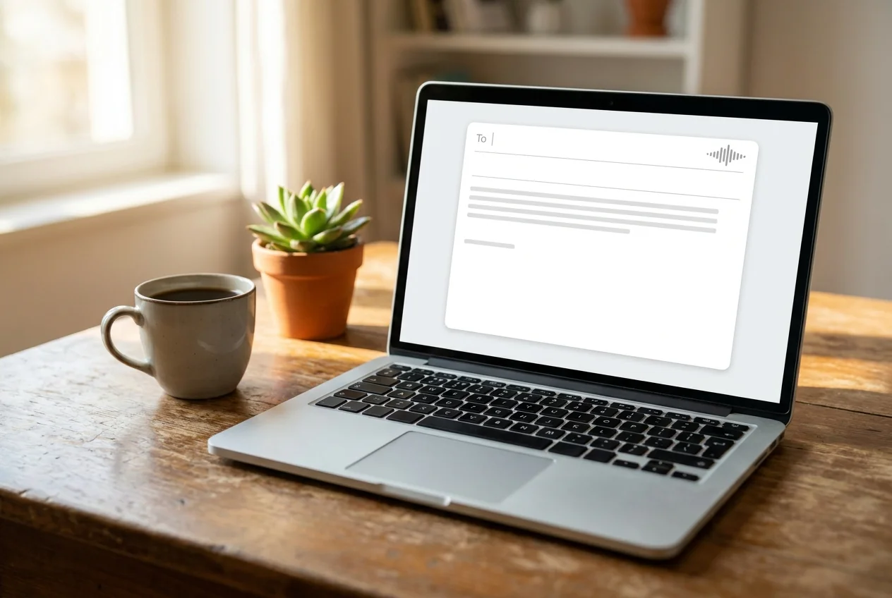 BossAI outlook voice input in action on a laptop with an email draft composing itself as the user speaks