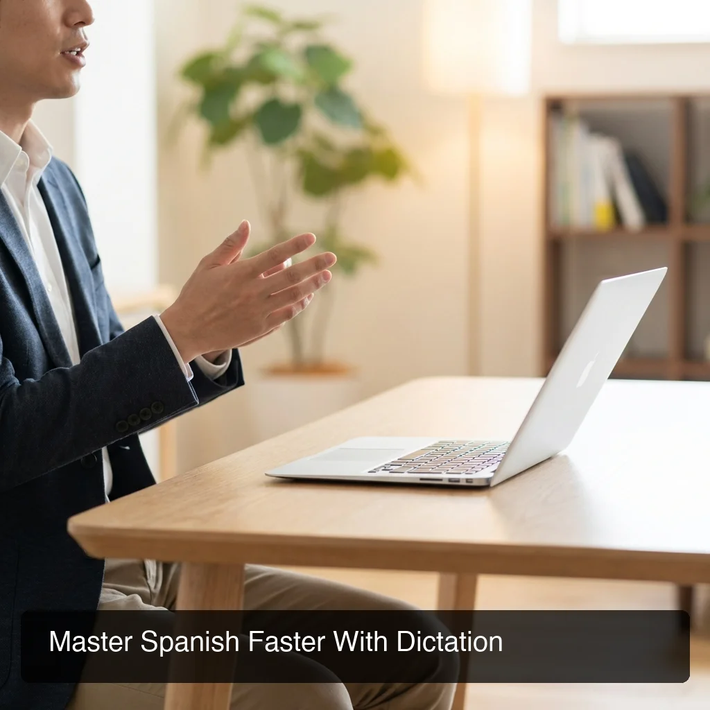 Person using ai dictation spanish productivity workflow to compose email hands-free at warm modern office desk