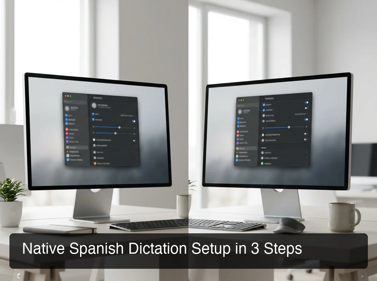 Spanish voice typing setup on Mac and Windows showing language settings side by side on clean minimal interface