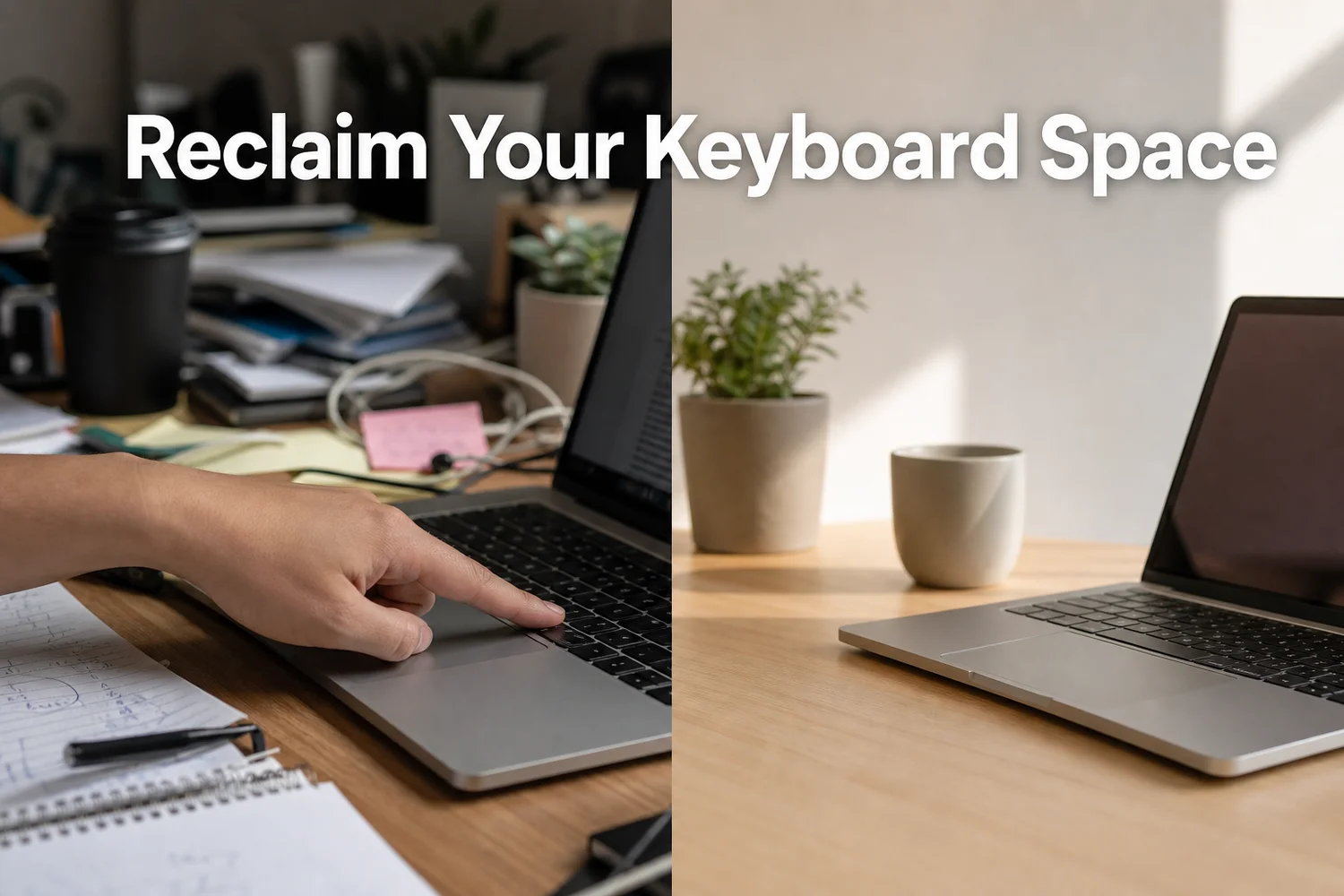 Split-screen comparison of a cluttered desk with an accidental keyboard press versus a clean, distraction-free workspace after disabling the Copilot key