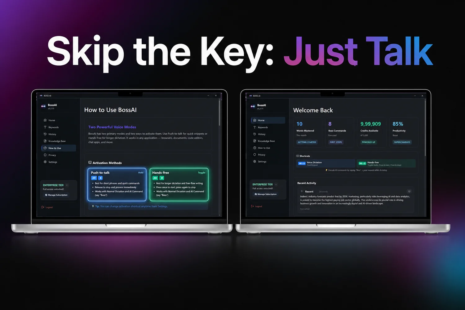 BossAI Windows dashboard showing push-to-talk and hands-free voice activation methods as an alternative to keyboard shortcuts