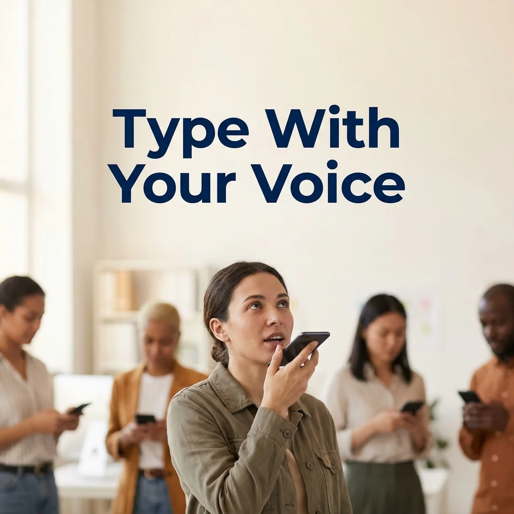 Woman using voice dictation on her phone instead of typing, representing accessible hands-free input
