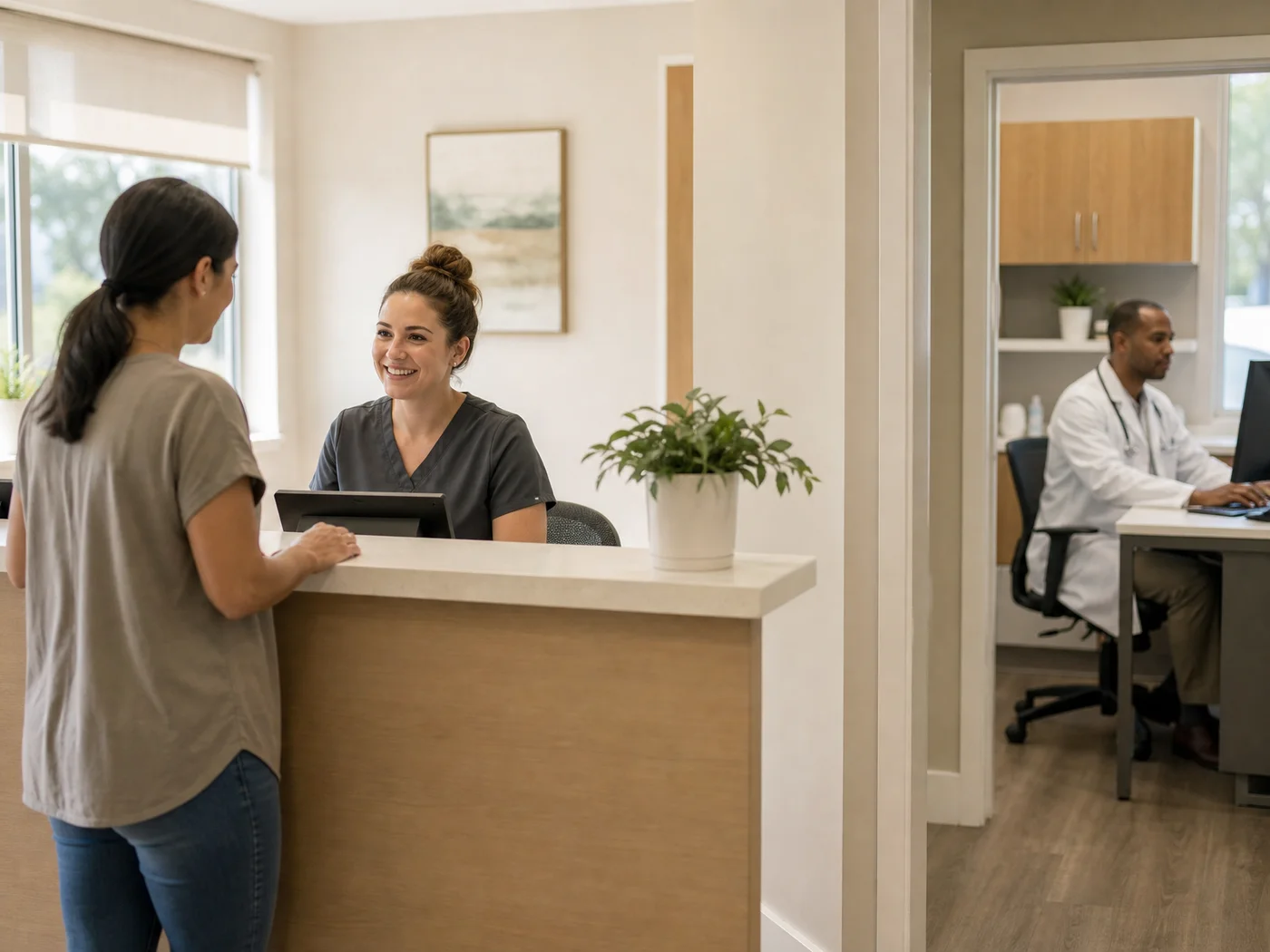 Clinic front desk and a doctor at a computer in an exam room, illustrating what Dragon Medical pricing buys for EHR dictation workflows