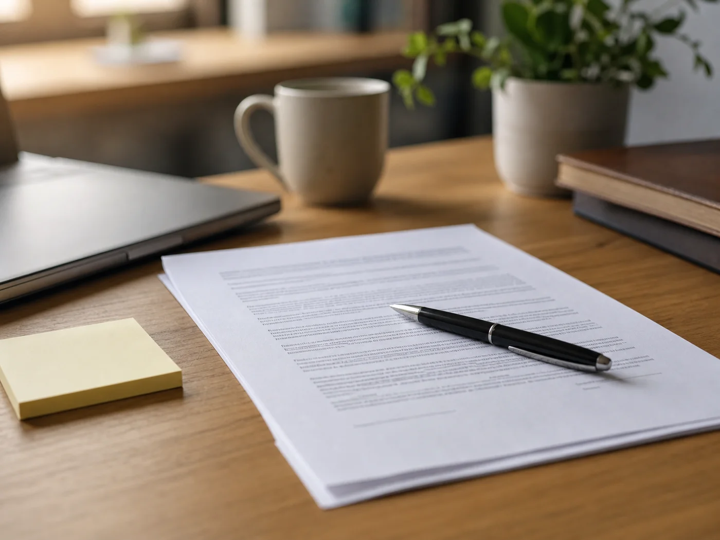 Desk with a software license contract, pen and sticky notes, illustrating Dragon licensing versions and what each costs