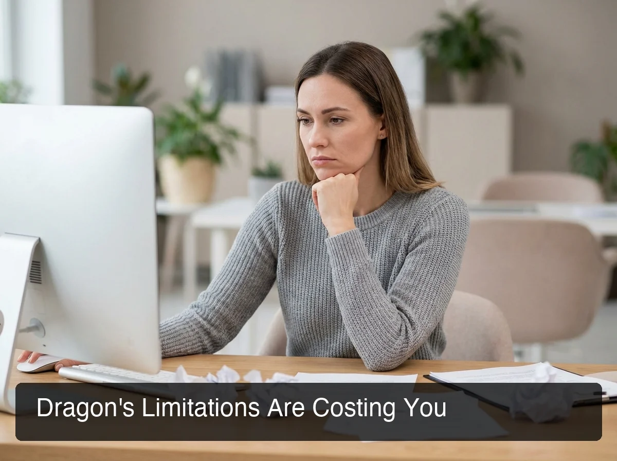 Frustrated professional at computer with hand on chin and papers scattered, neutral color palette