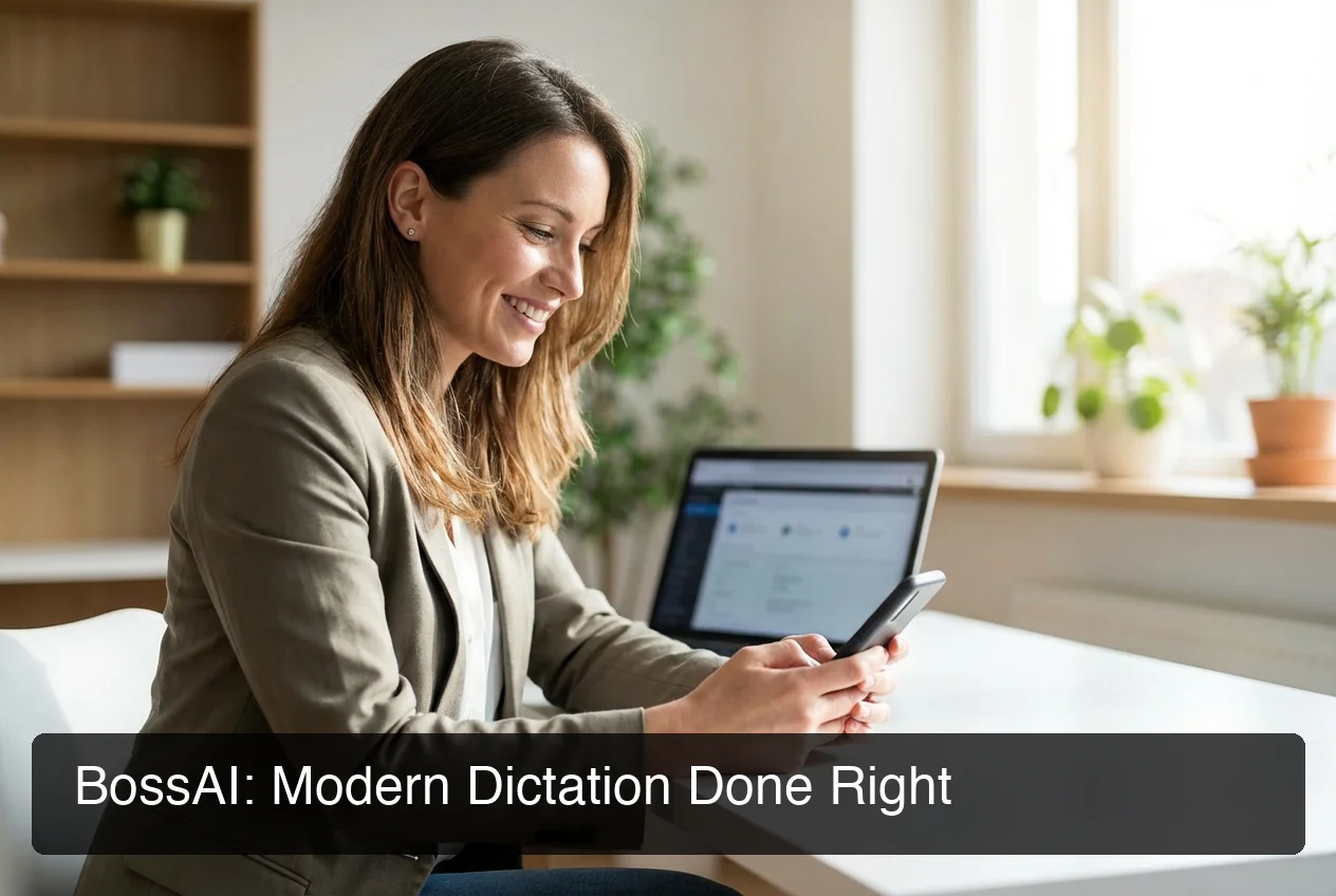 Happy professional smiling at phone using voice typing in modern minimal workspace with tech interface visible on screen