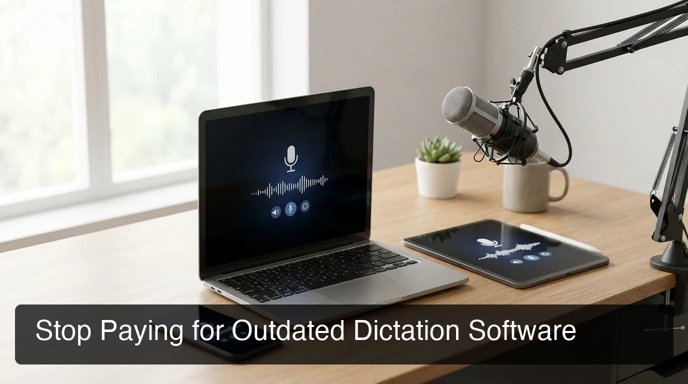 Sleek workspace with multiple devices showing voice typing interface, clean desk with microphone, natural lighting