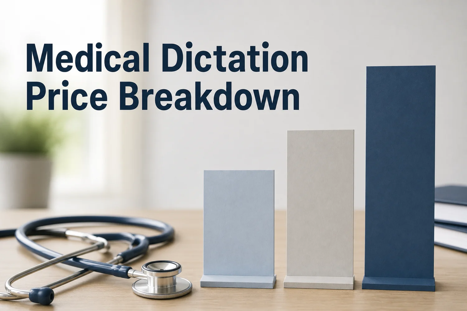 A row of three price cards beside a stethoscope illustrating medical dictation software price tiers