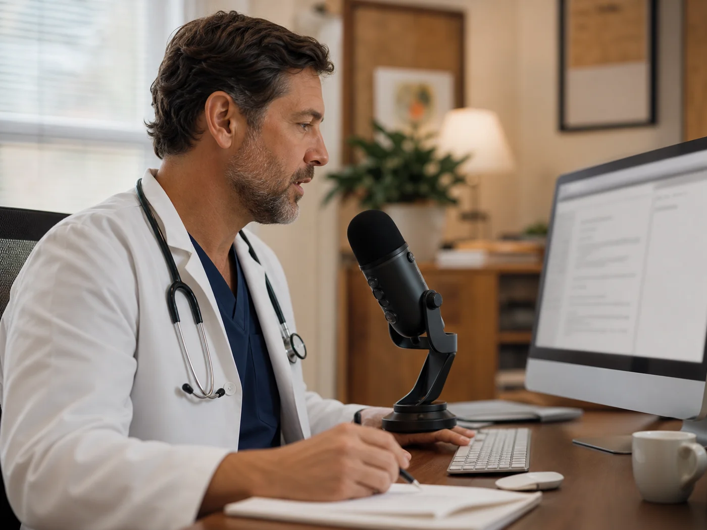 Physician dictating a clinical note into a desktop microphone while the report appears on the monitor