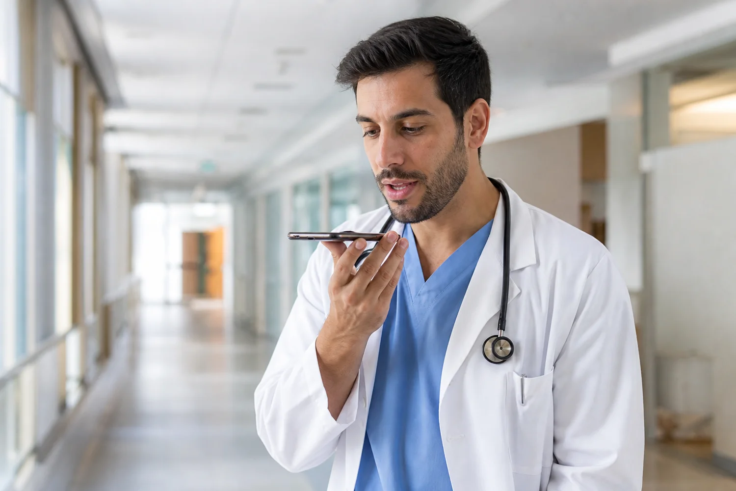 Doctor in scrubs dictating into a smartphone in a hospital corridor