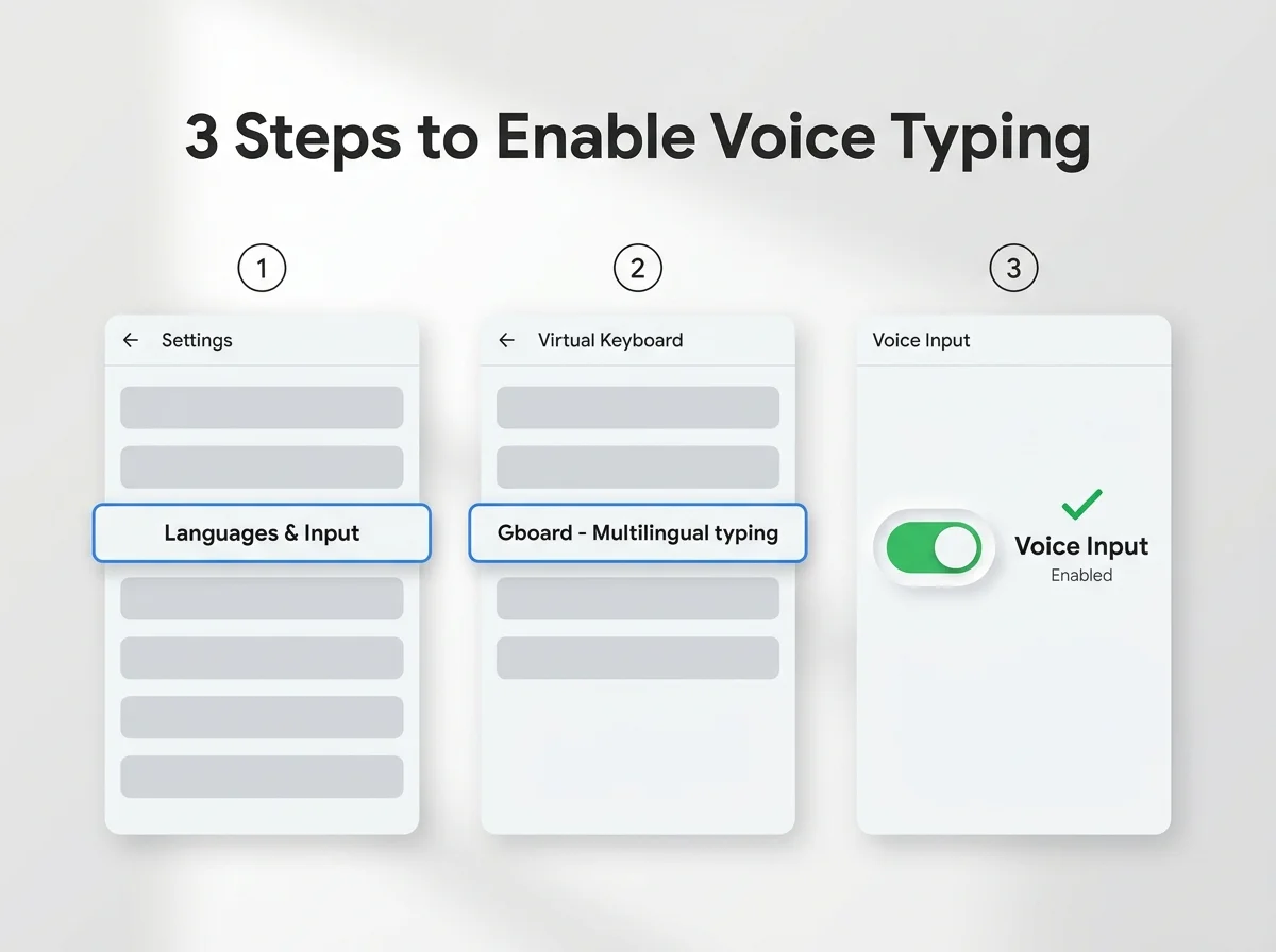 Three-step Android settings walkthrough showing how to enable voice typing in Languages & Input