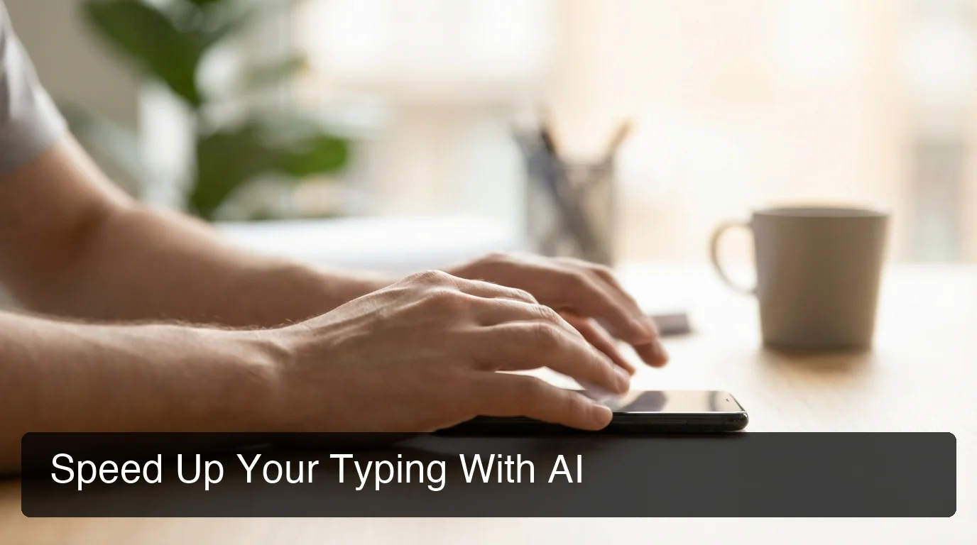 Person typing on phone with motion blur, hands in action, clean workspace