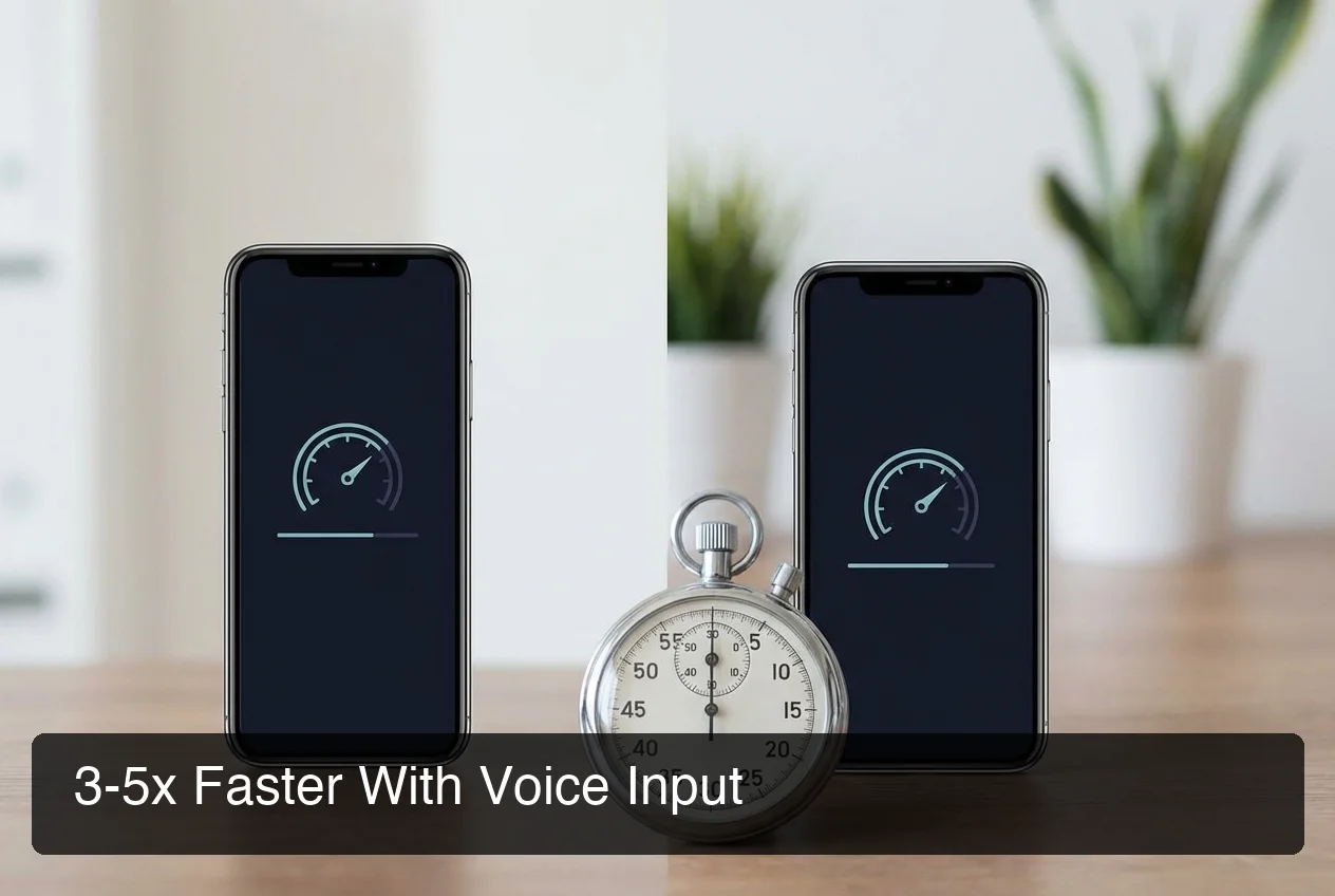 Split-screen benchmark graphic showing speed metrics with stopwatch and mobile phones side-by-side
