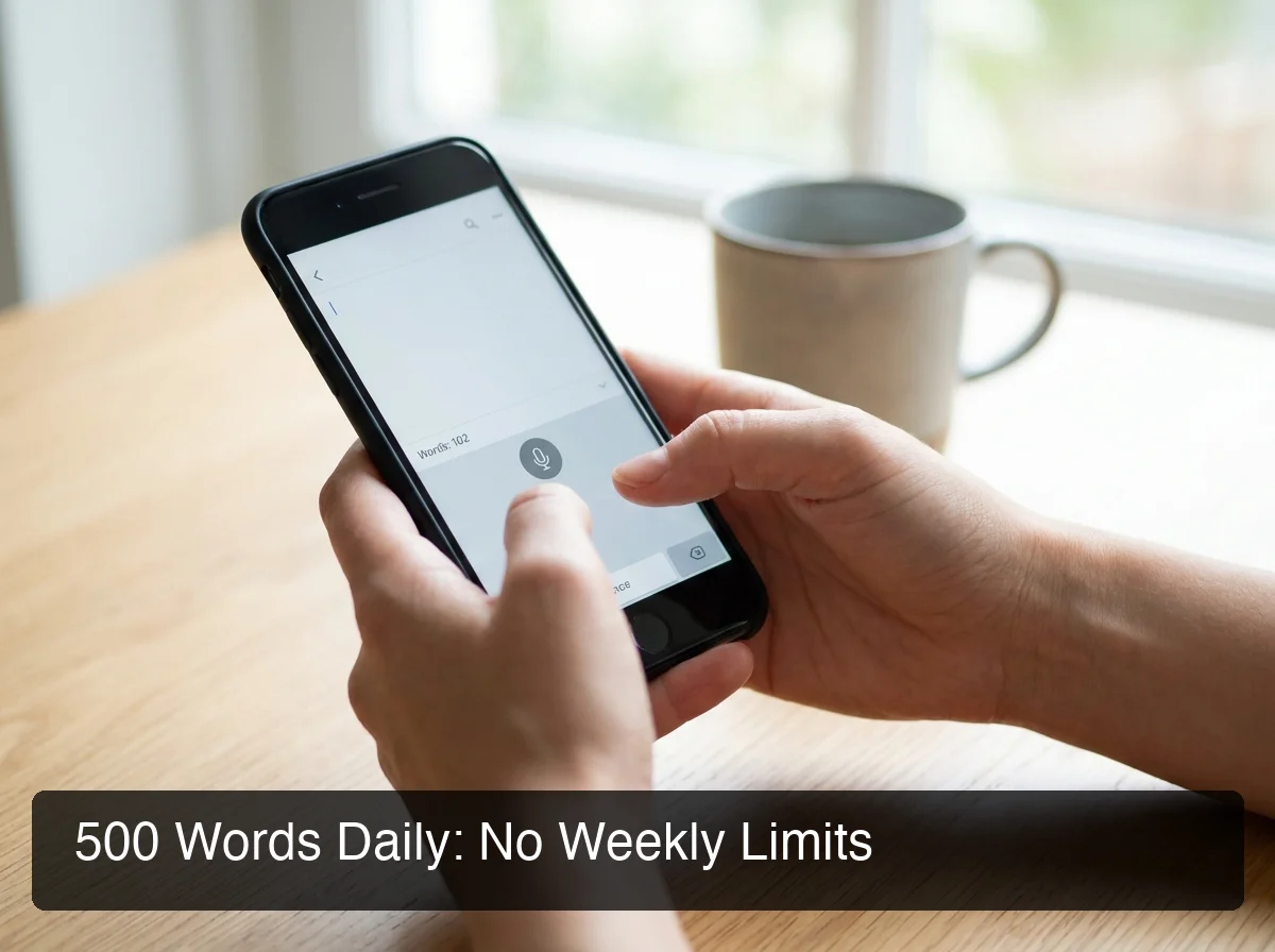 BossAI free dictation app showing the 500-word daily limit indicator on an iOS keyboard