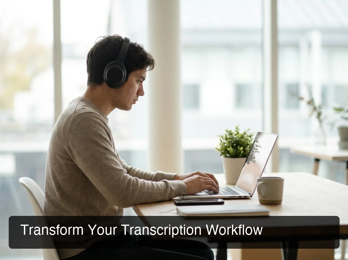 Professional transcription workflow showing the recording-to-text pipeline with review steps