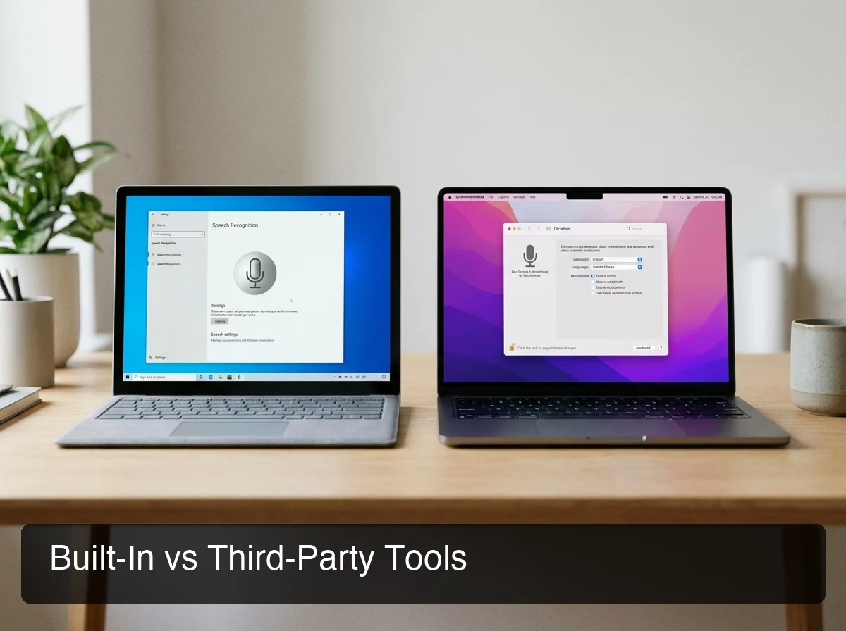 BossAI free voice to text tool comparison — built-in OS vs third-party apps on split screen